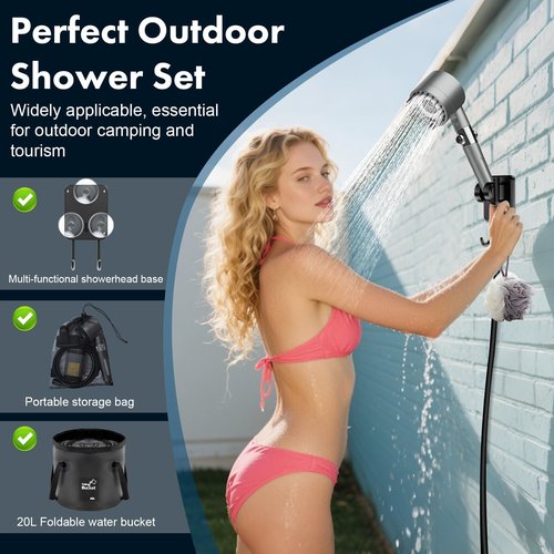Portable Shower for Camping 6000mAh Rechargeable Shower Pump with Intelligent LED Display & 20L Foldable Bucket 4 Spray Modes Outdoor Shower Head IPX7 Waterproof for Hiking, Travel, Car, Pet, Beach