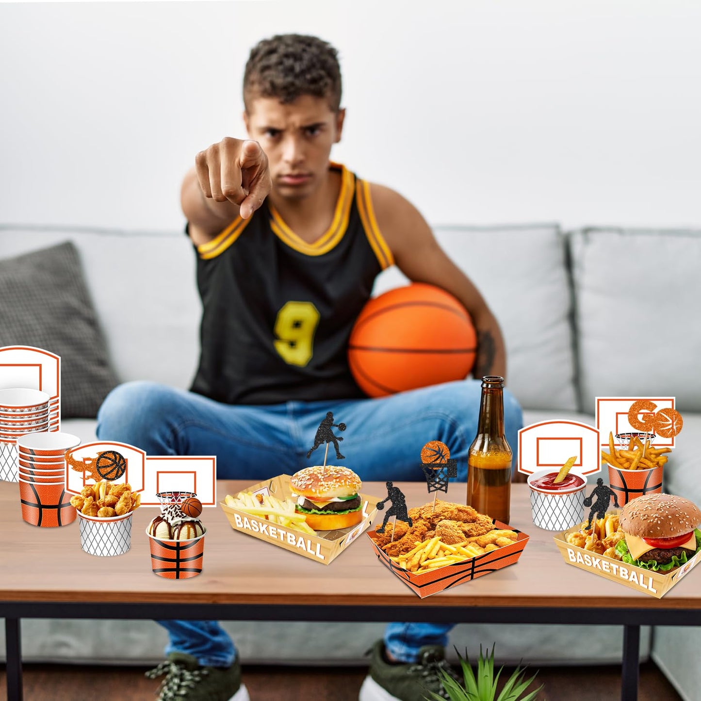 Basketball Party Snack Boxes Set, 96Pcs Basketball-Theme Party Supplies with Snack Bowls, Food Tray, Hoop Backdrop Cards and Glitter Cupcake Toppers for Basketball Birthday Party Decorations