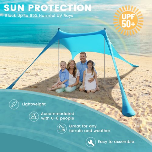 Beach Tent - Beach Shade UPF 50+ UV Protection, 9.8 x 6.5 FT, Anti-Wind Beach Canopy with 2 Poles, 2 Windproof Ropes, 1 Portable Bag, Beach Tent Sun Shelter Perfect for Picnics, Outdoors - Turquoise