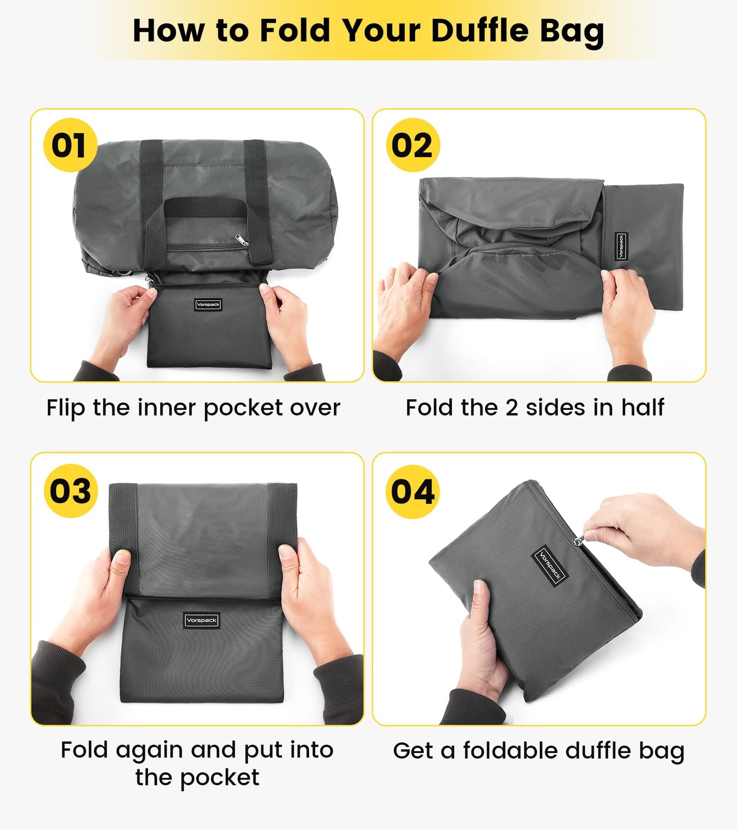 Vorspack Small Duffel Bag 20 Inches Foldable Gym Bag for Men Women Duffle Bag Lightweight with Inner Pocket for Travel Sports - Grey