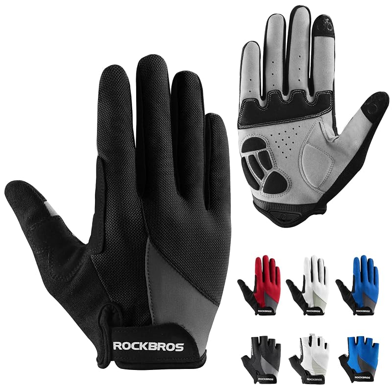 ROCKBROS Full-Finger Cycling Gloves with Gel Pad – Breathable, Touchscreen, Unisex (US XL / Asian XXL) – Black