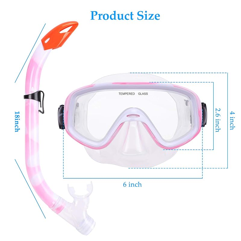 Kids Snorkel Set with Anti-Fog Mask & Dry Top Snorkel - Pink/White