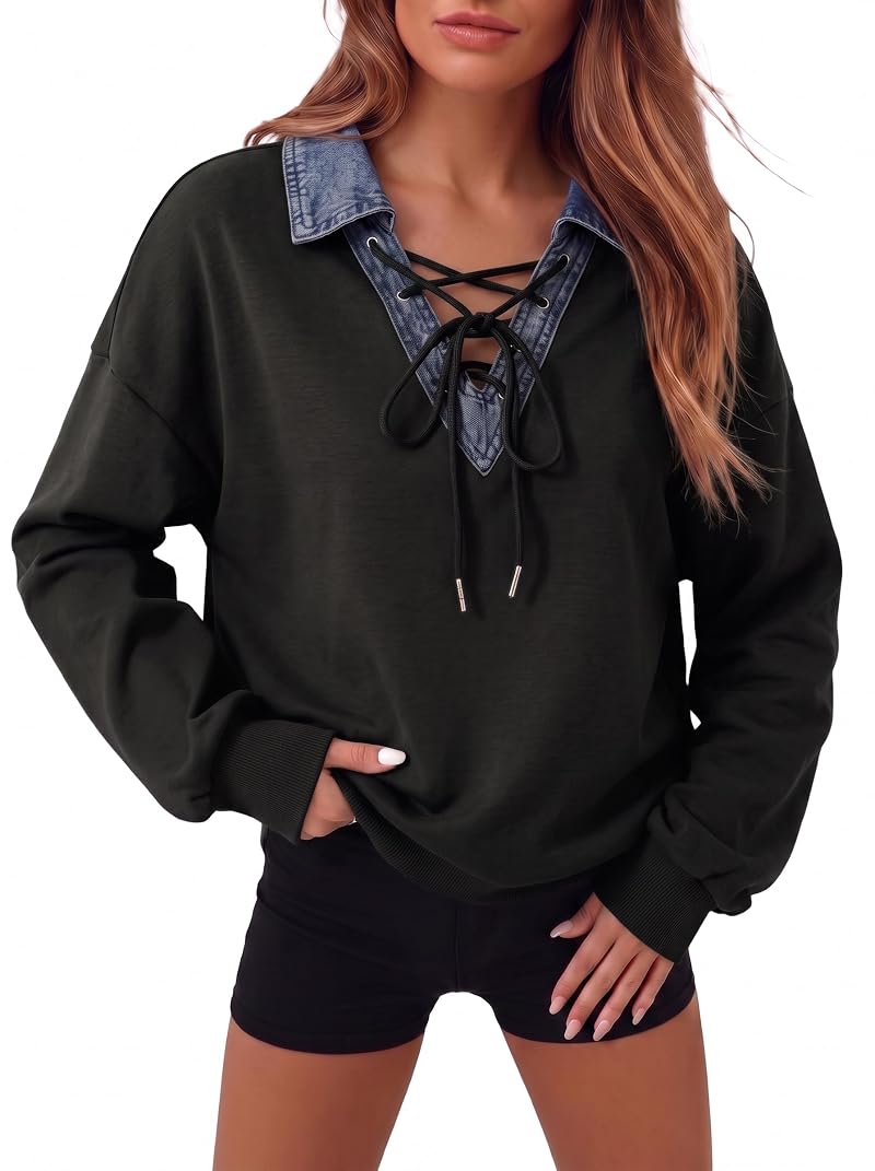Dokotoo Oversized Denim Collar Sweatshirt for Women, Black, X-Large