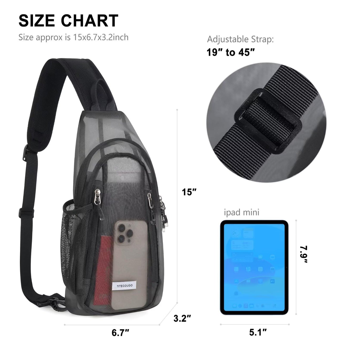 TITECOUGO Clear Sling Bag Clear Bag for Stadium Events Crossbody Daypack for Women Men Shoulder Backpack Transparent Casual Daypack for Concerts Sport Black