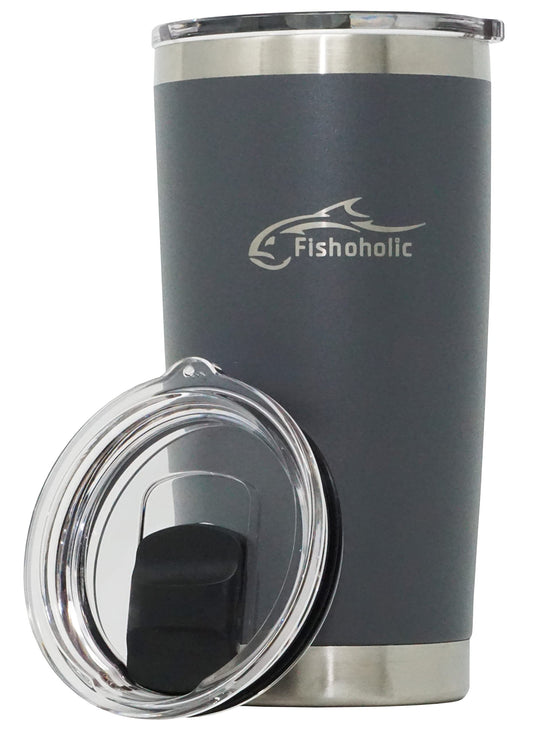 Fishoholic 20oz or 30oz Tumbler w Magnetic Slide Lid for Hot & Cold Drinks, Stainless Steel, Double Wall, Vacuum Insulated, Mug Glass Cup