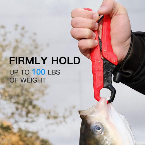 SNAIL TRAIL 7.5'' Floating Fish Gripper, Fishing Grabber, Catfish Mouth Pliers, Caught Bass Holder, Digital Scale Hook Clamp, Saltwater Lip Grip Tool with Lanyard, Gifts for Men, Red-Black