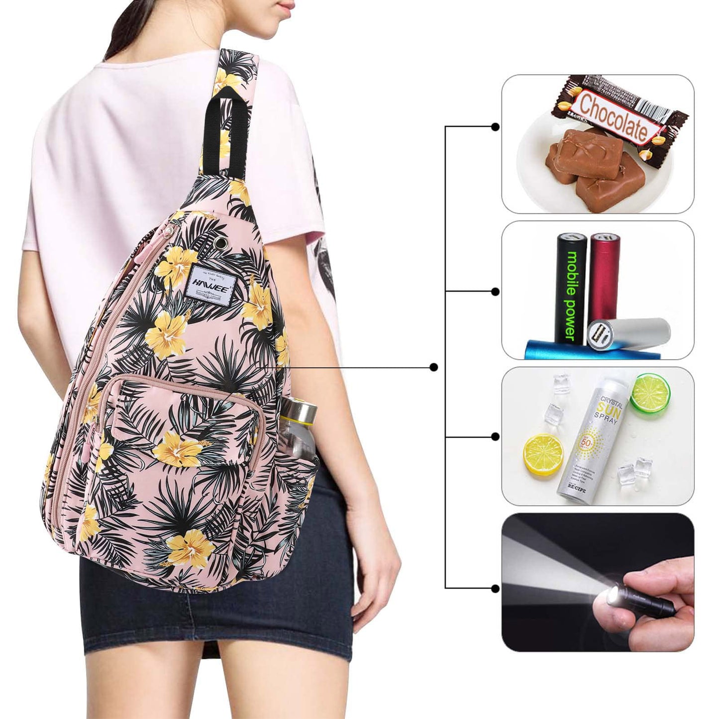 HAWEE Rope Sling Bag for Women Casual Cross Body Backpack Adjustable Anti-slip Strap/Bottle Pocket/Earphone Hole for Travel Hiking Sports, Hibiscus Orange
