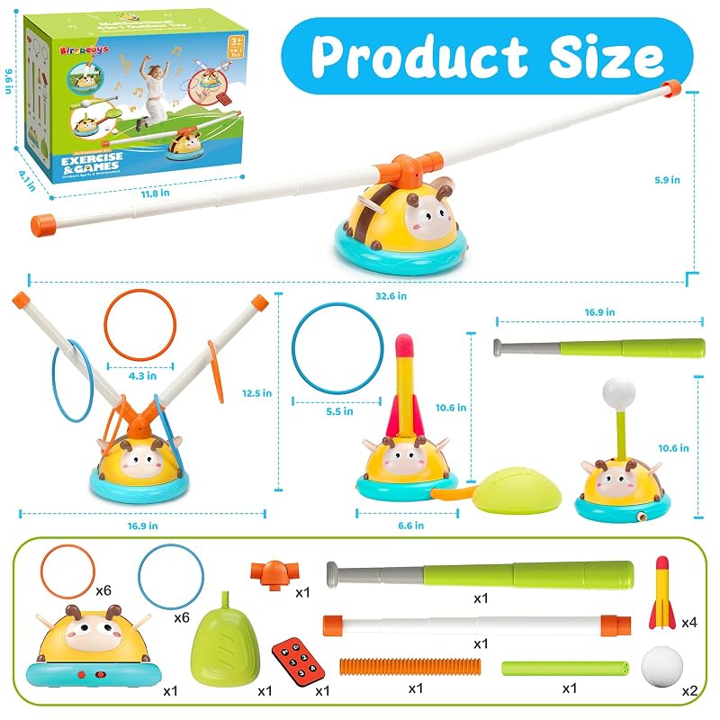 4-in-1 Kids Jump & Ring Toss Toy with Rocket Launcher and Baseball Game