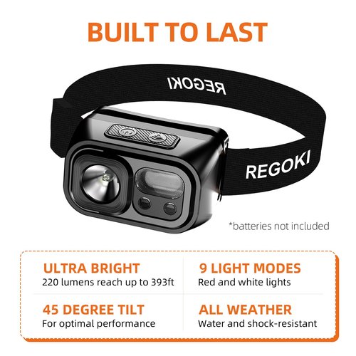 REGOKI LED Headlamp Rechargeable - Super Bright Head Lamp with 9 Modes for Camping & Hiking Gear Essentials, IP44 Waterproof Headlight Flashlight with Red Light, USB Cable Included