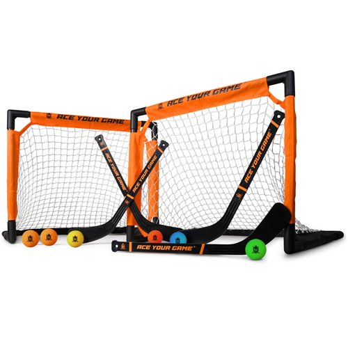 ACE HOCKEY - Shinny Hockey Set - Complete 4-Player Indoor/Outdoor Kit - Knee Hockey Goal Set (2) Goals, (2) Sticks, and (6) Foam Balls - Mini Hockey Set