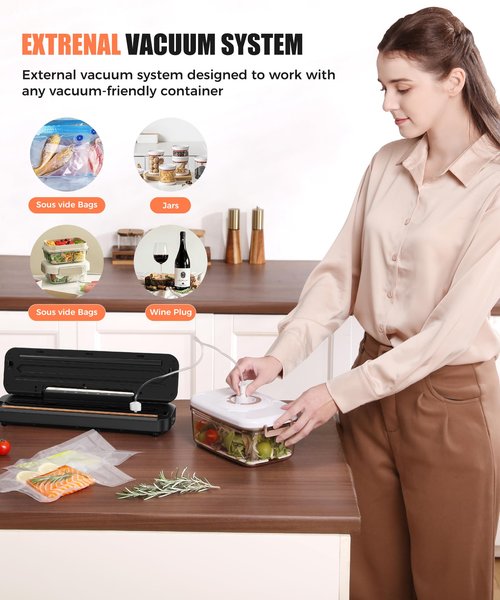 Vacuum Sealer Machine for Food Preservation, 6-in-1 Food Sealer for Freshness Storage, 75kpa Compact Vacuum Sealing Machine with External Sliding Blade, Digital Countdown Timer Black