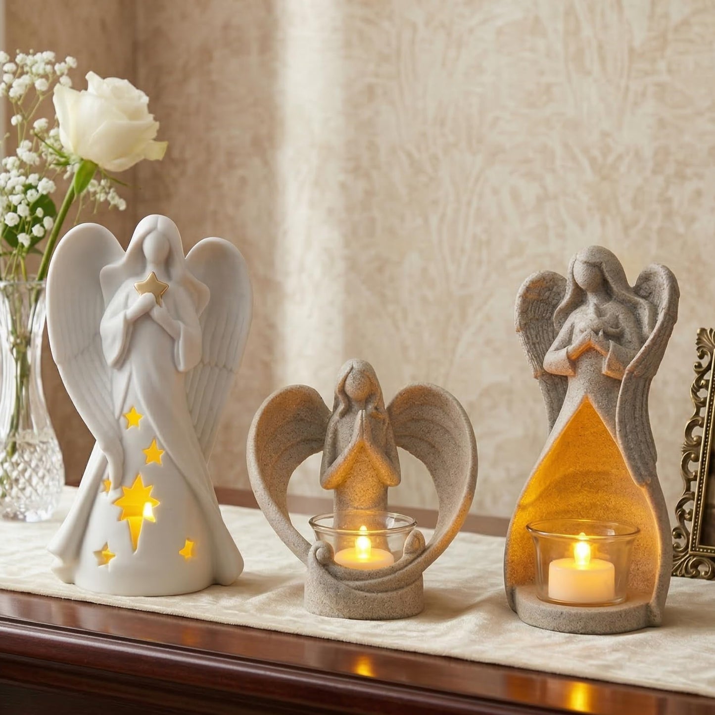 OakiWay Memorial Candle Gifts – Angel Figurines Tealight Candle Holder, Sympathy Gifts for Loss of Loved One, W/Flickering Led Candle, Bereavement, Grief, Funeral, Remembrance, Memory Home Decorations