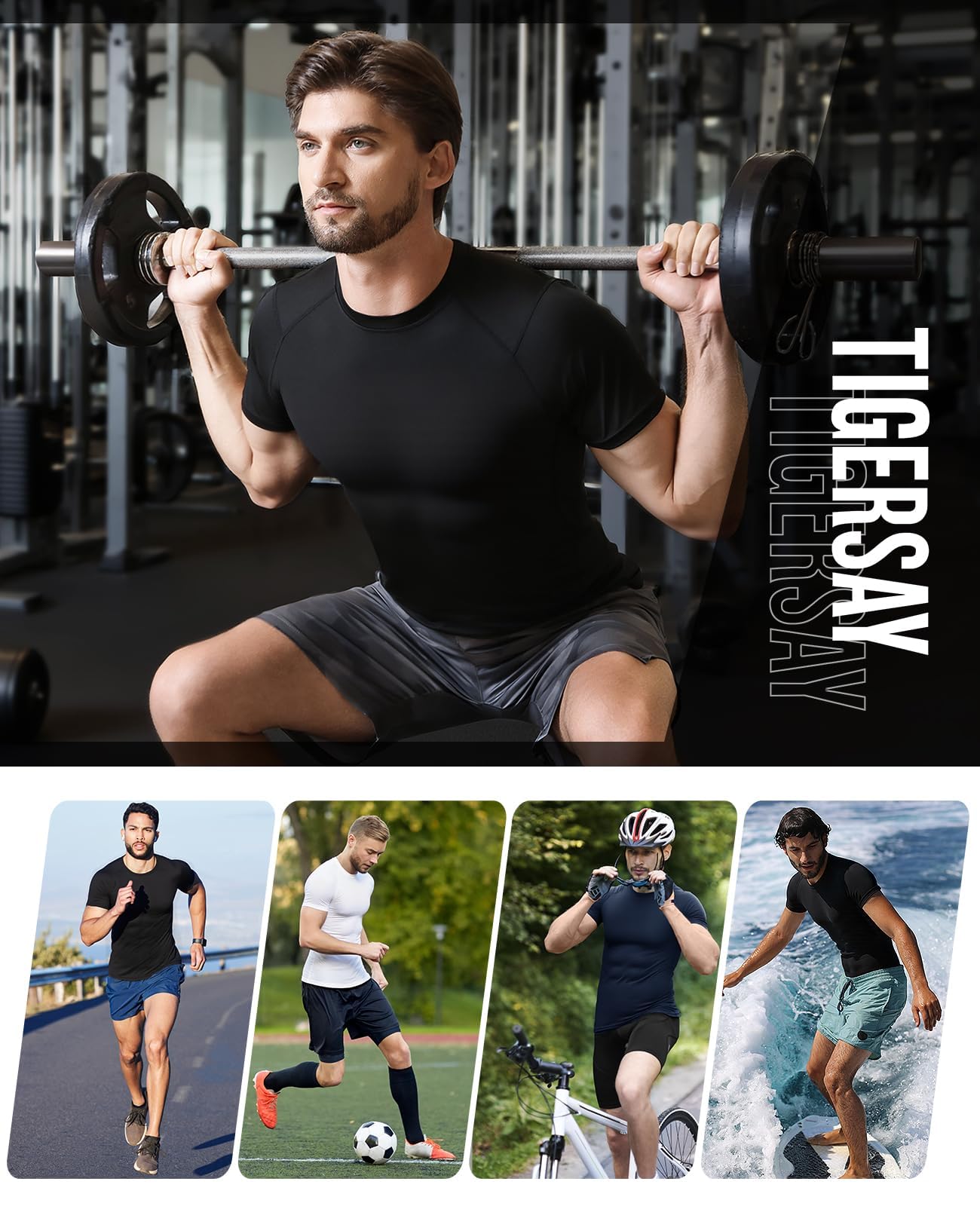 Tigersay Men's Compression Shirts, Short Sleeve T-Shirt Athletic Compression Tops Workout Sports Base Layer Undershirt