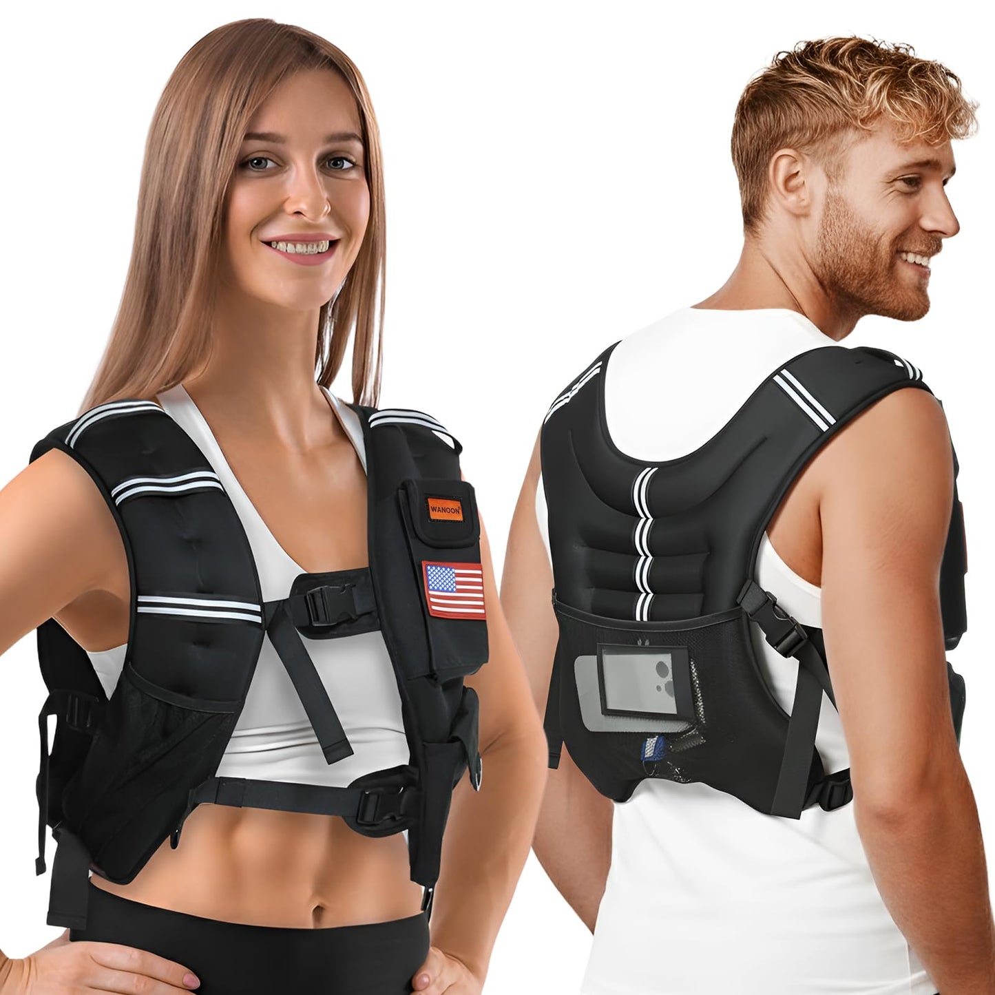 WANOON Weighted Vest for Men Women, 8lb/12lb/16lb/20lb/30lb/40lb Fixed Weight, Plus Size Fitness Vest with Phone Pocket & Reflective Strips for Walking Running Rucking Strength Training