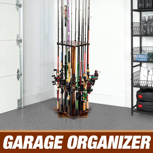 Ghosthorn Fishing Rod Holders for Garage 360 Degree Rotating Fishing Pole Rack, Floor Stand Holds up to 16 Rods Wood Fishing Gear Equipment Storage Organizer, Fishing Gifts for Men