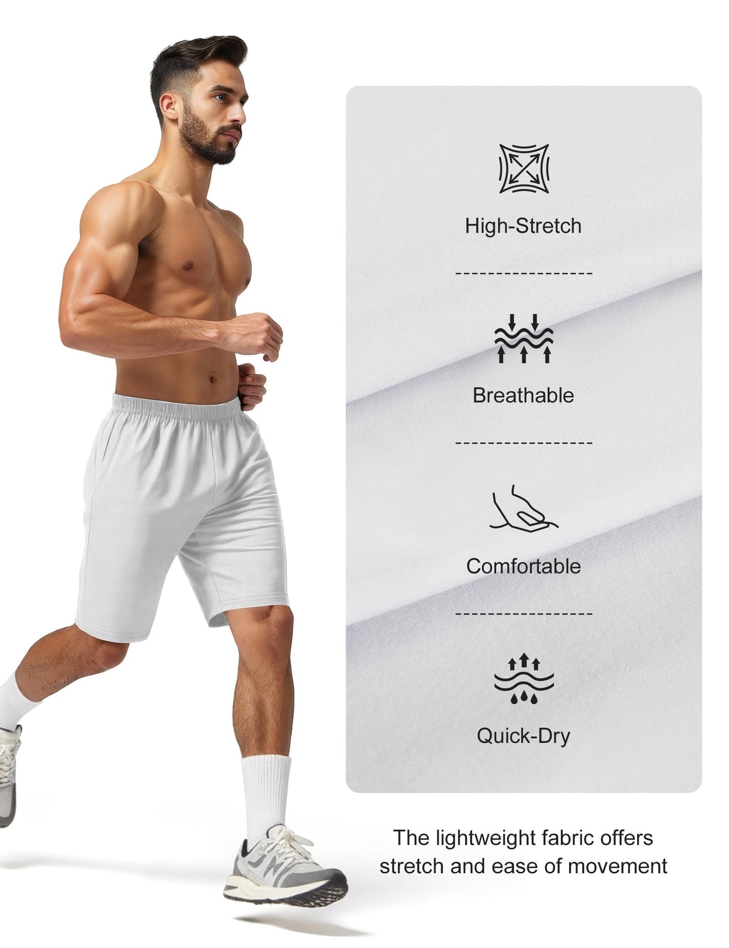 Naarts Men's Athletic Shorts 9'' Quick Dry Workout Running Shorts Lightweight Sports Gym Basketball Shorts with Pockets White,Medium