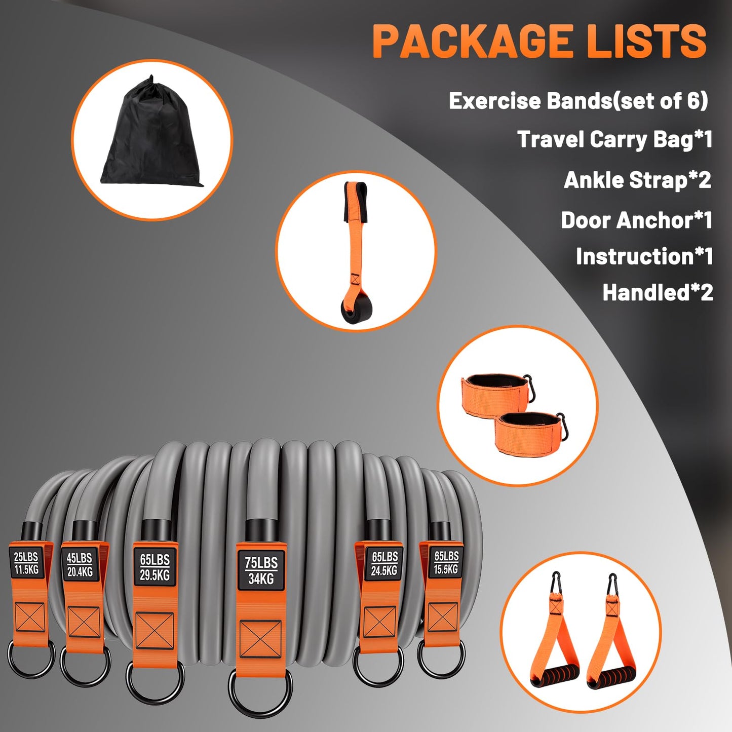 Exercise Resistance Bands Set with Handles, Ankle Straps & Door Anchor – 300LBS Heavy Duty Bands for Home Gym, Muscle Training, Physical Therapy, Yoga, Full Body Workout for Men & Women (Orange Gray)