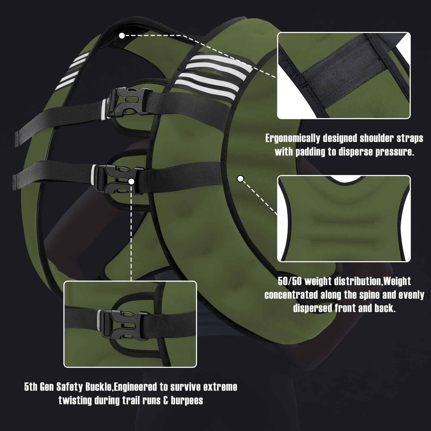 NATURELUX Weighted Vest with Reflective Stripe and Adjustable Buckle Straps, Army Green, 25 lbs