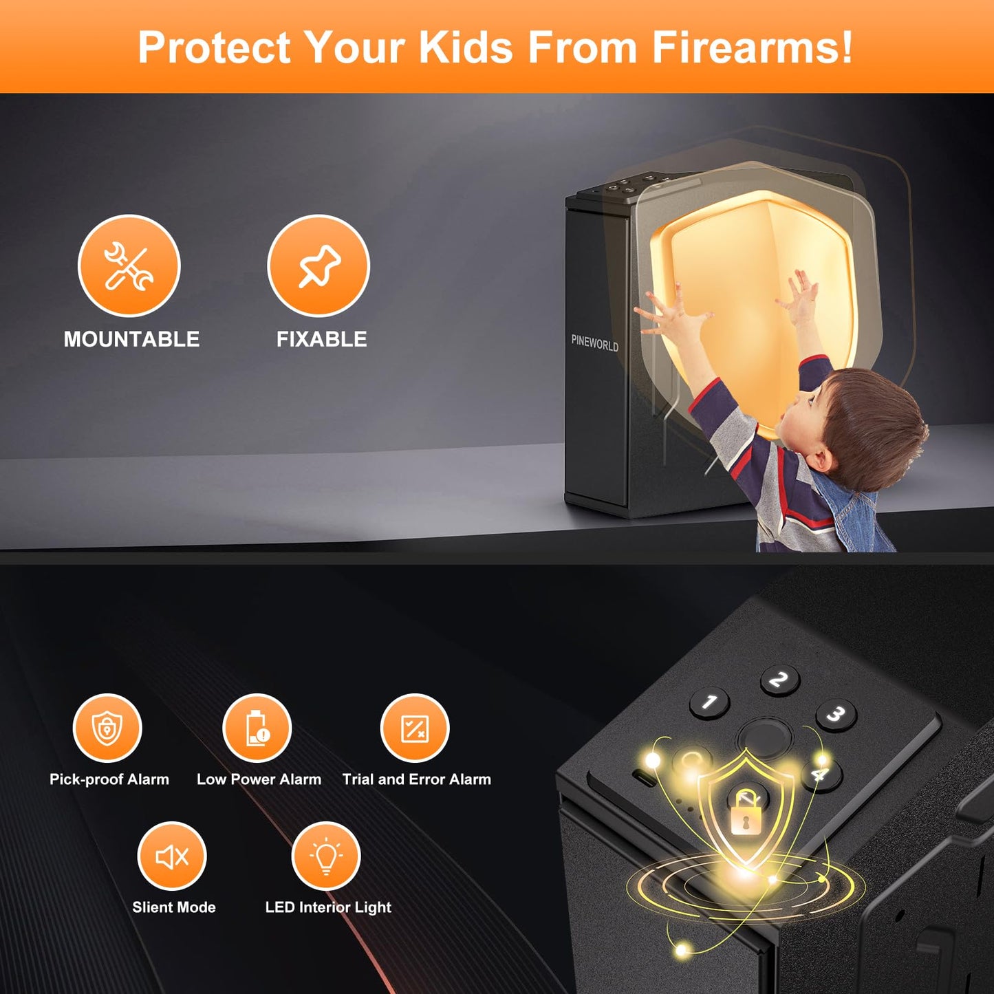 Biometric Slider Figerprint Handgun Safe with Auto Sliding Door&Keypad&Key