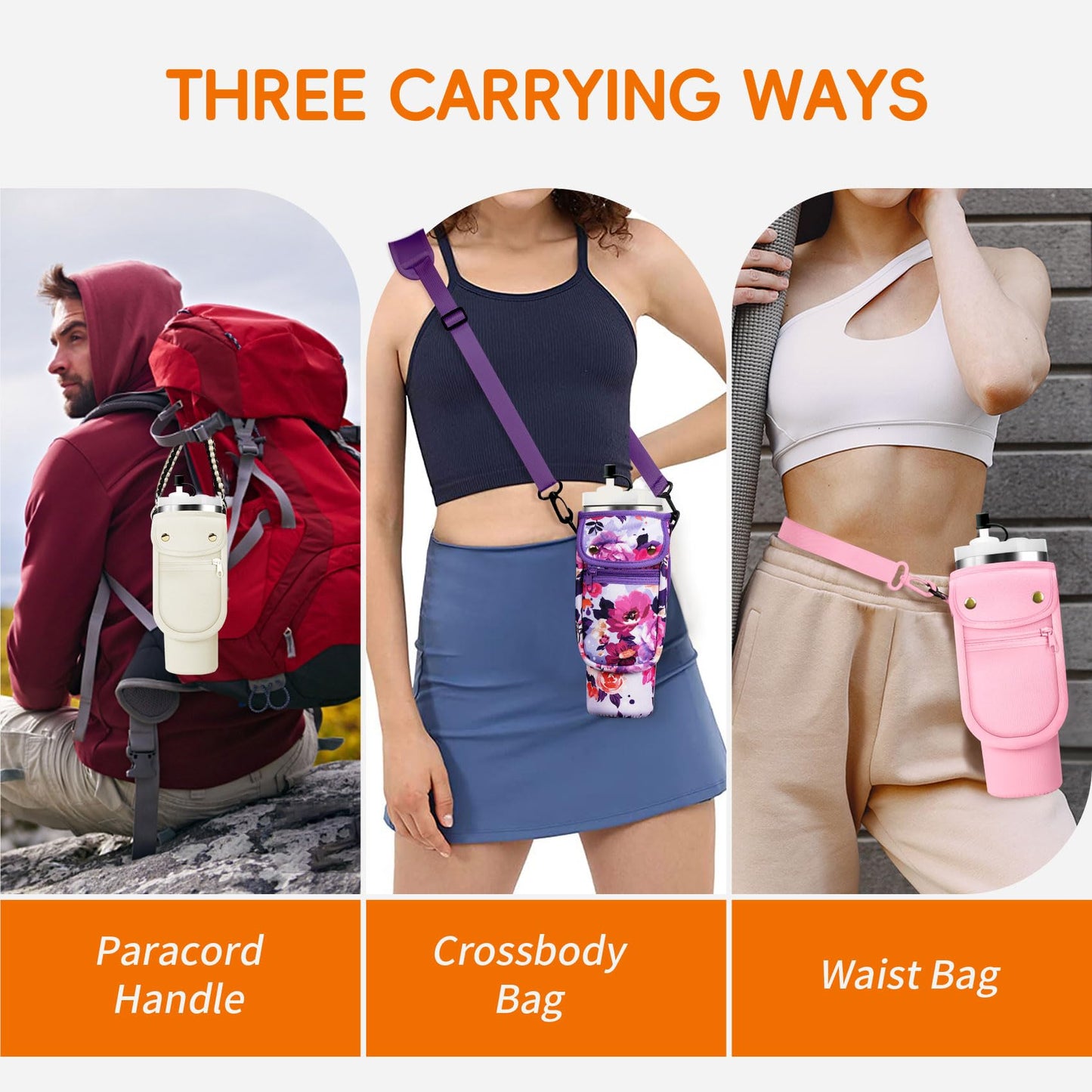 AceTreker 30 40 oz Stanley Bag with Paracord Handle & Phone Pocket, Metal Coffee Mug Carrier Pouch with Strap and Straw Cover for Stanley Cup Accessories-Purple Rose