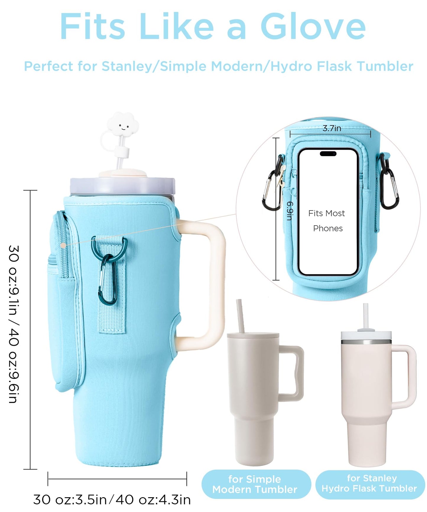 dabria Water Bottle Carrier Bag with Phone Pocket for Stanley 40/30 oz Tumbler Neoprene Water Bottle Holder Pouch with Adjustable Strap Bollus with Straw Cover for Stanley Cup Accessories