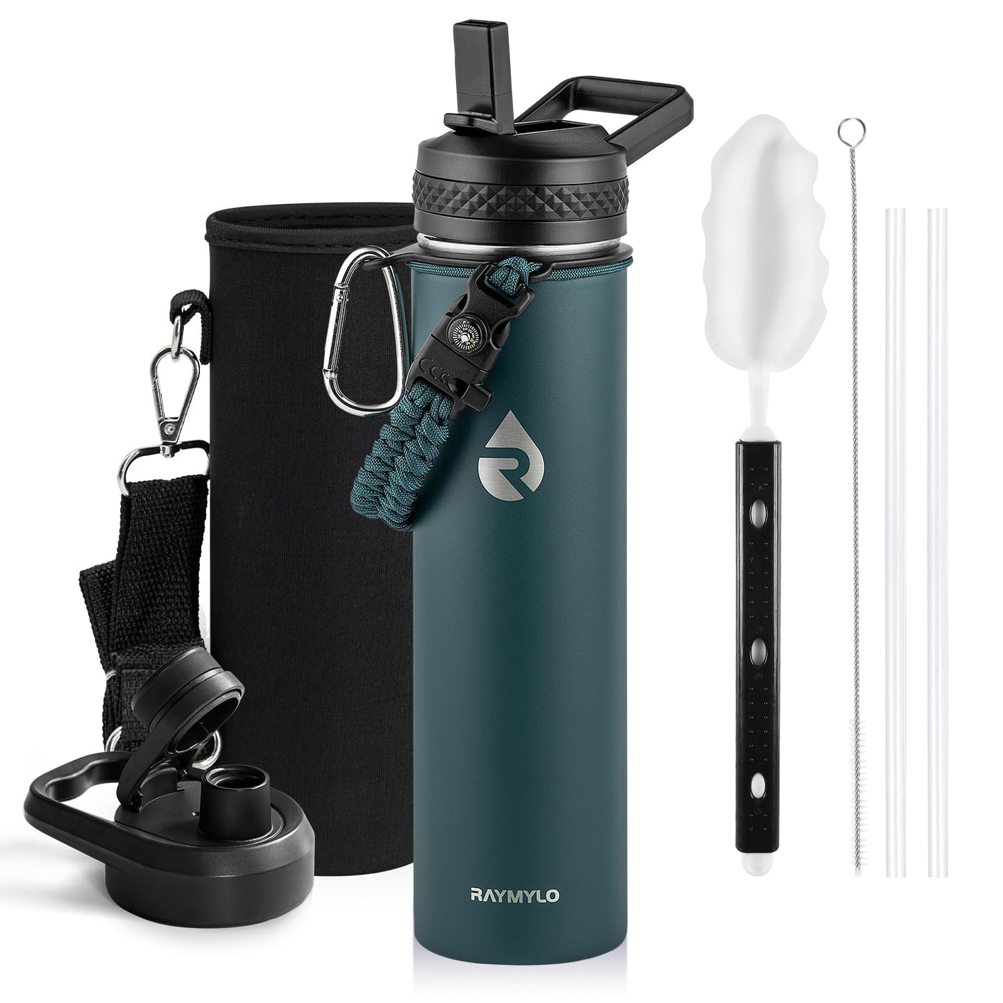 RAYMYLO Insulated Water Bottle 24 oz, Triple Wall Vacuum Stainless Steel (Cold for 24Hrs, Hot for 12Hrs), Leak Proof & Non-BPA, Modern Water Flask Jug with Paracord Handle & Straw Spout Lids