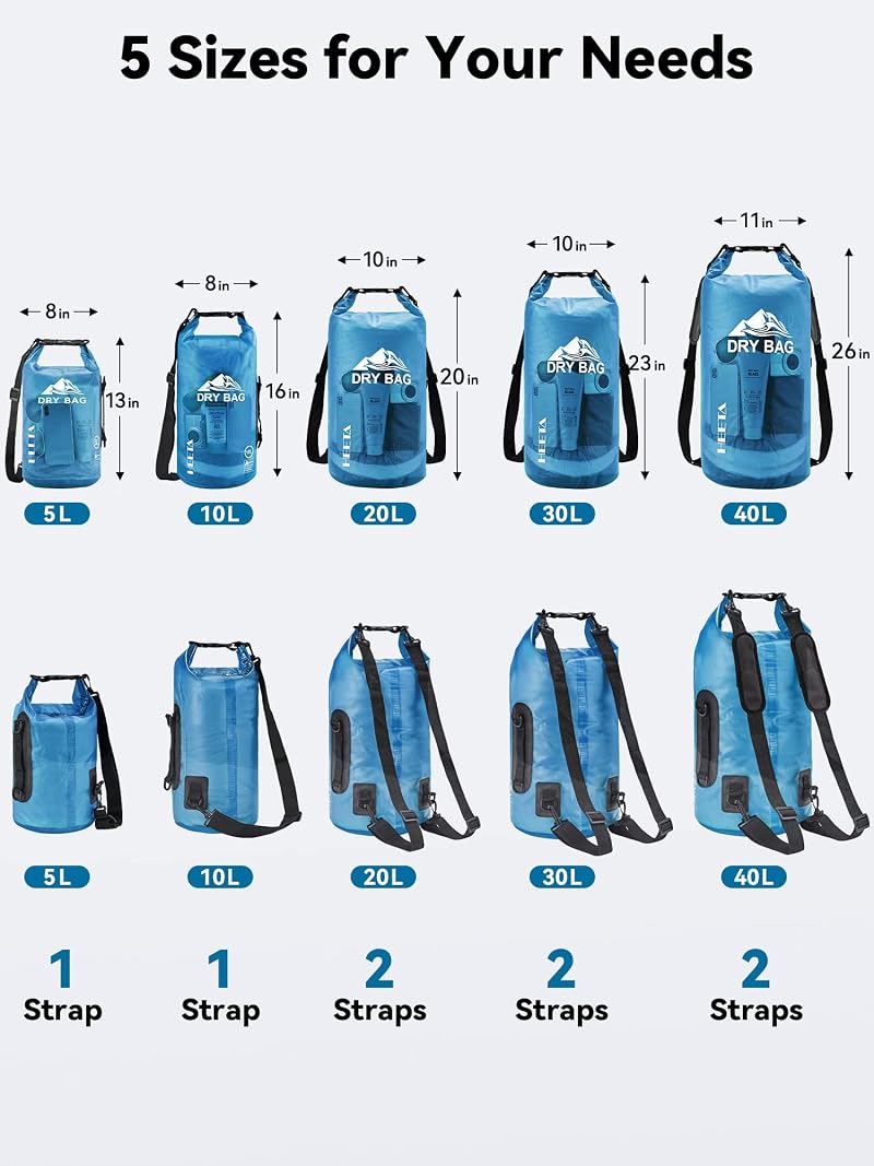 HEETA Dry Bag Waterproof Backpack 5L-40L with Blue 20L - Touchscreen Phone Case Included