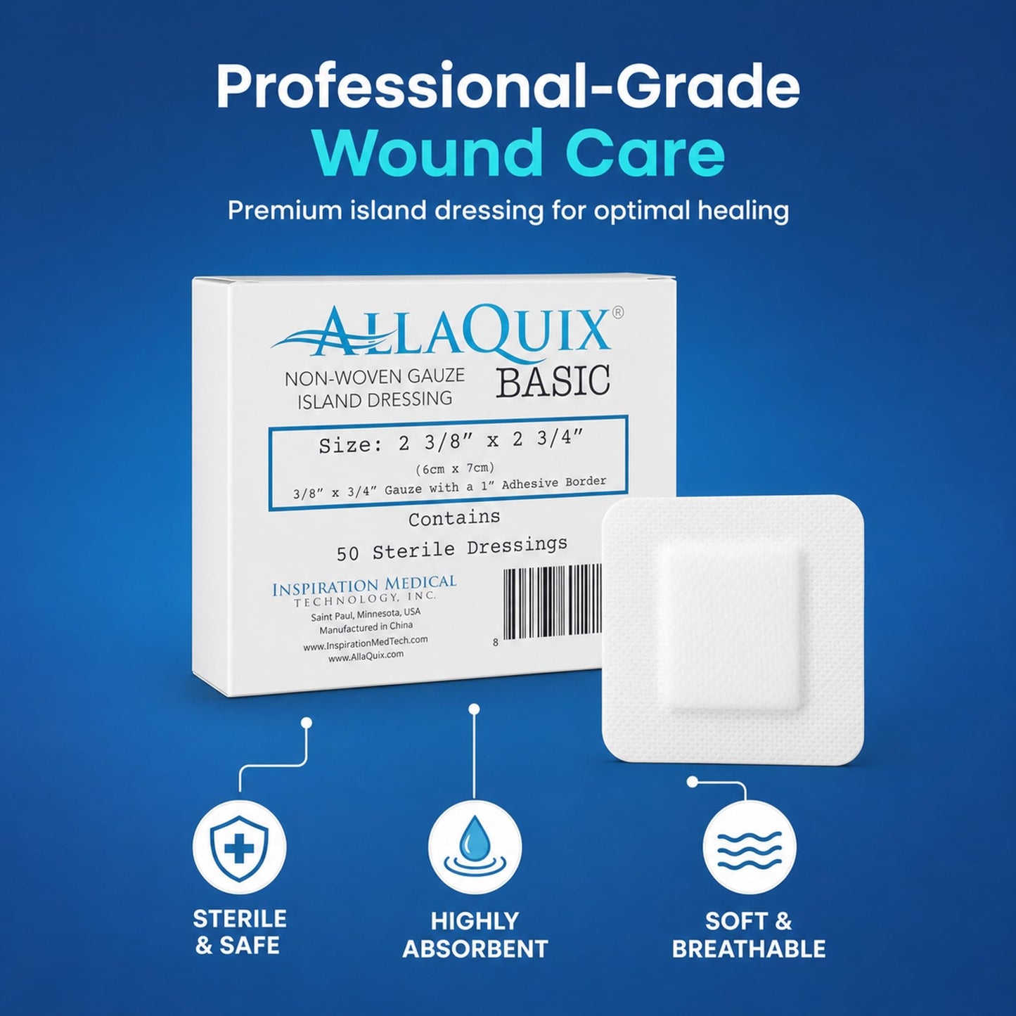 AllaQuix Basic Sterile Gauze Island Dressing 4"x8" Adhesive Border Pads (25 Count) – Non-Stick Wound Dressing for Surgical Aftercare, Incisions, Large Cuts, First Aid, and Light Draining Wounds