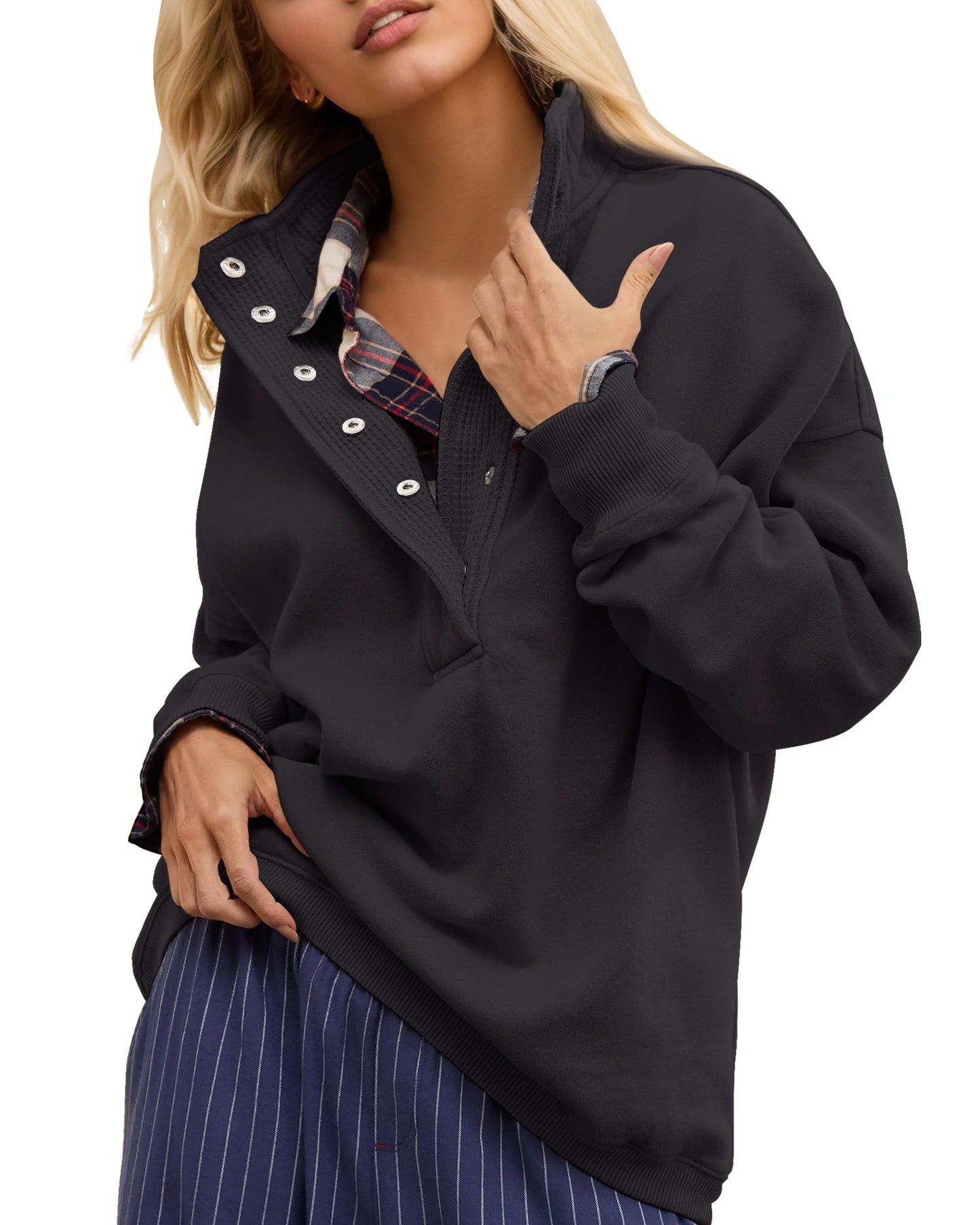 Gacaky Sweatshirt for Women Oversized Casual Long Sleeve Button Henley Neck Pullover Tops Fashion Outfits Clothes Black Large