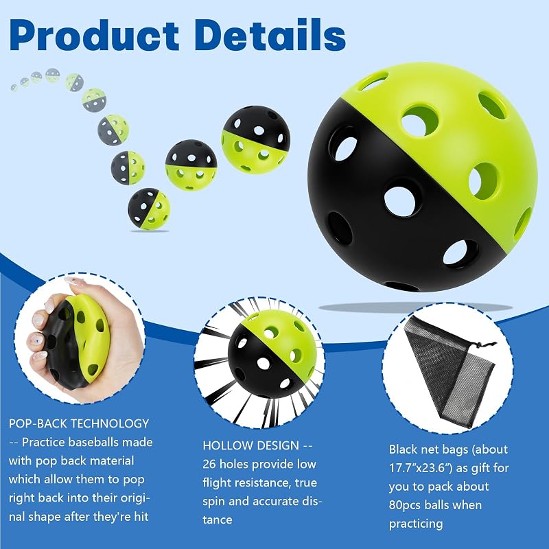 80 Pack Green/Black Two-Tone Practice Baseballs with Drawstring Bag - Lightweight Hollow Training Balls for Indoor Outdoor Use