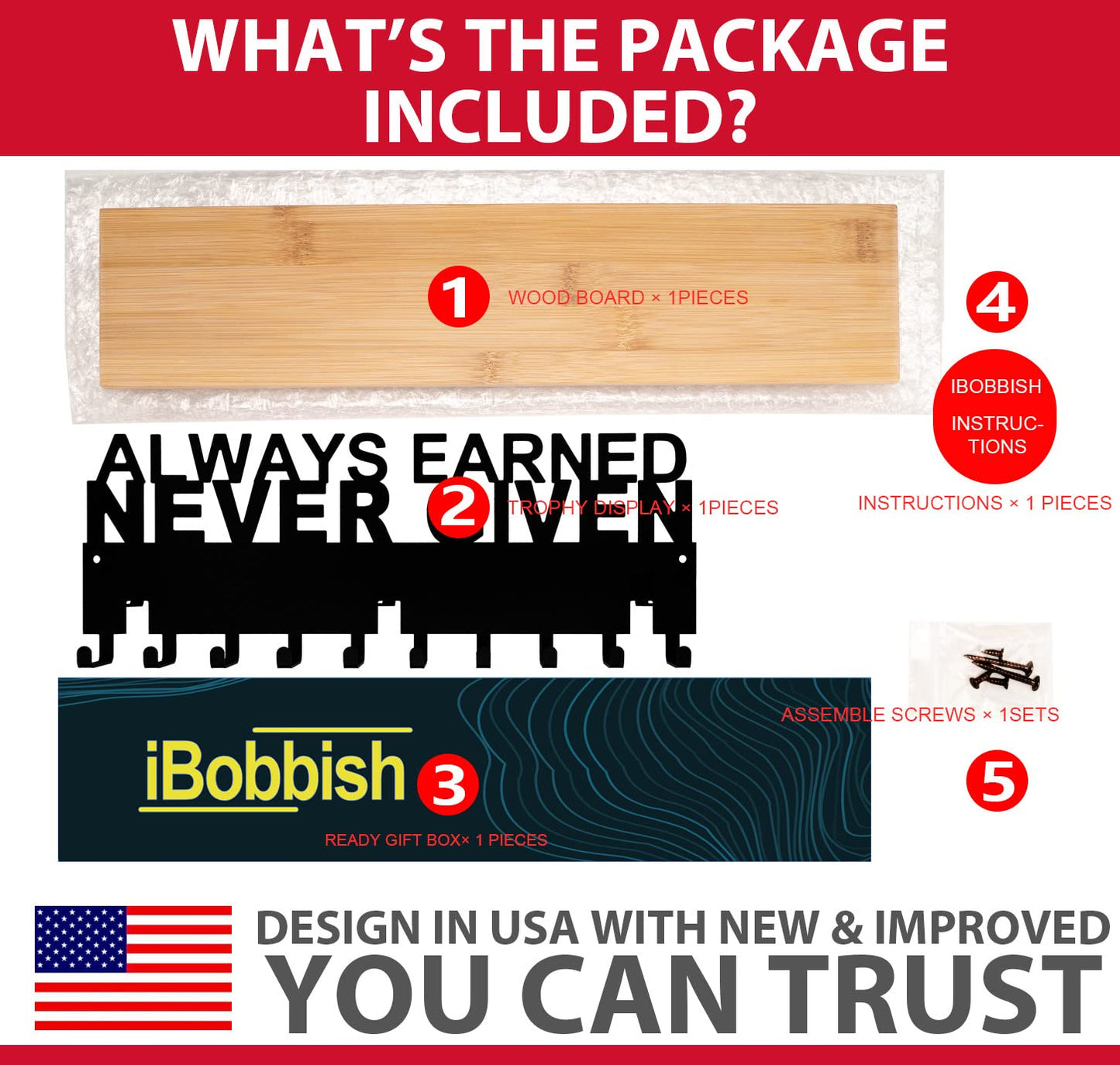iBobbish Premium Medal Hanger Display Trophy Shelf,ALWAYS EARNED NEVER GIVEN Trophy display shelf Upgraded Medal Display Shelf for Wrest,gymanstics,Race,Soccer..