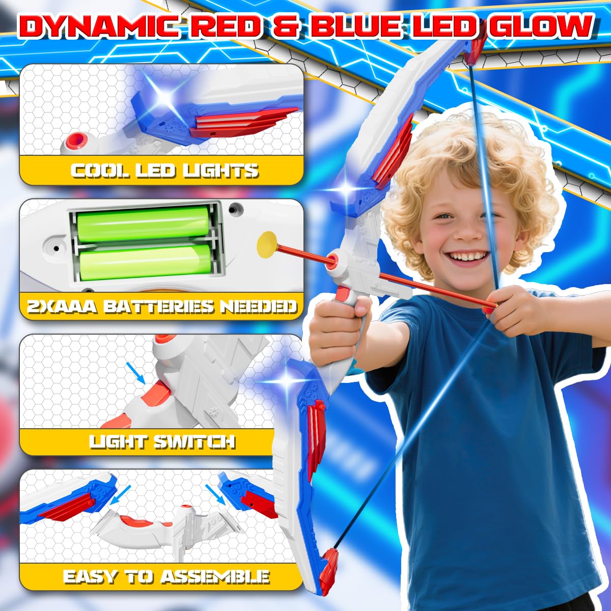 MLDKA Kids Bow and Arrow Set, LED Light Up Archery Toy Set with Suction Cup Arrows, Standing Target & Quiver, Indoor and Outdoor Toys Sport Gifts for Kids, Boys & Girls Ages 4 5 6 7 8 9 10 11 12