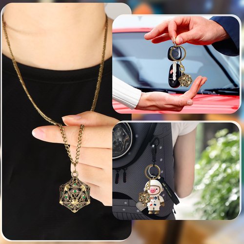 Mini DND Dice Set with Hollow D20 Metal Case Portable Keychain Necklace, Tiny 7pcs Polyhedral D&D Dice Set, DND Gifts with Gift Box, D&D Accessories for RPG（Green Diamond, Bronze）