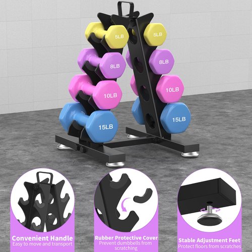 TomCare 4 Tier Dumbbell Rack Stand Only, Weight Rack for Dumbbell Set (5-15 LB) Home Gym Storage Rack for Weights Metal A-Frame Strength Training Dumbbell Racks with Handle (Dumbbells not Included)