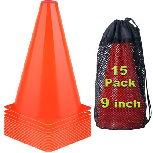 9 Inch Cones Sports, 15 Pack Orange Soccer Cones Training Agility Field Marker Plastic Traffic Cones for Football Basketball Drills Multipurpose Practice, Indoor Outdoor Games Activity Party Events