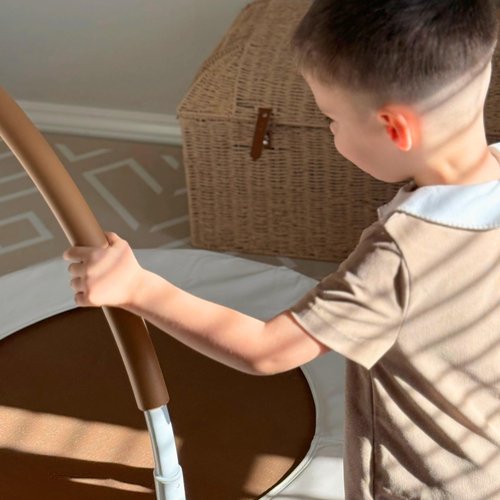Square House 36" Springless Kids and Toddler Mini Trampoline, Aesthetic Indoor and Outdoor Small Baby Trampoline with Removable Handle, Ultra Safe No-Gap Elastic Spring Design (Sand)