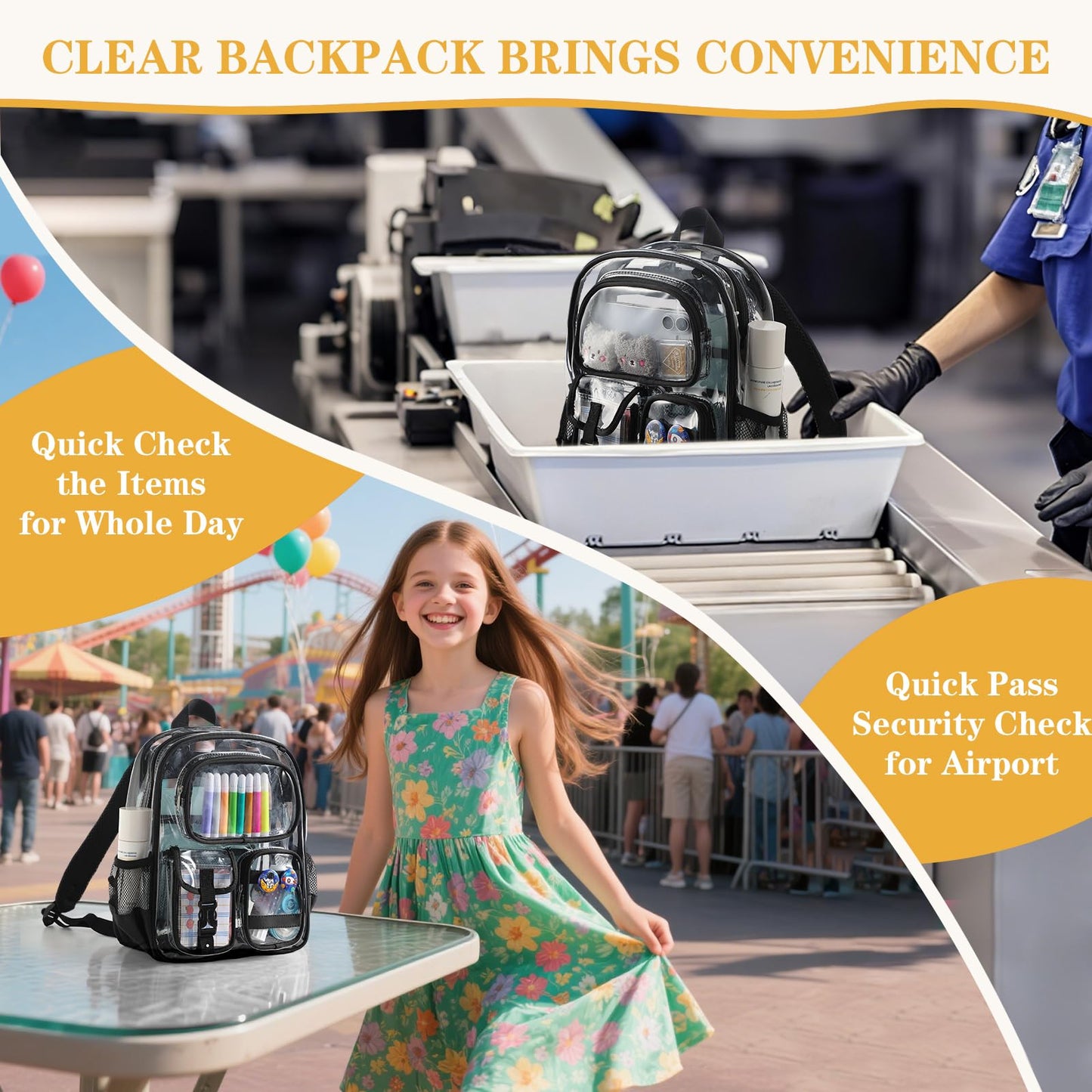 Unineovo Mini Clear Backpack for Stadium Approved 12x6x12, Small Transparent Backpacks Plastic See Through Clear Bag for Kids Girls Women for Sporting Event, Concerts, Work, Festival (Black)