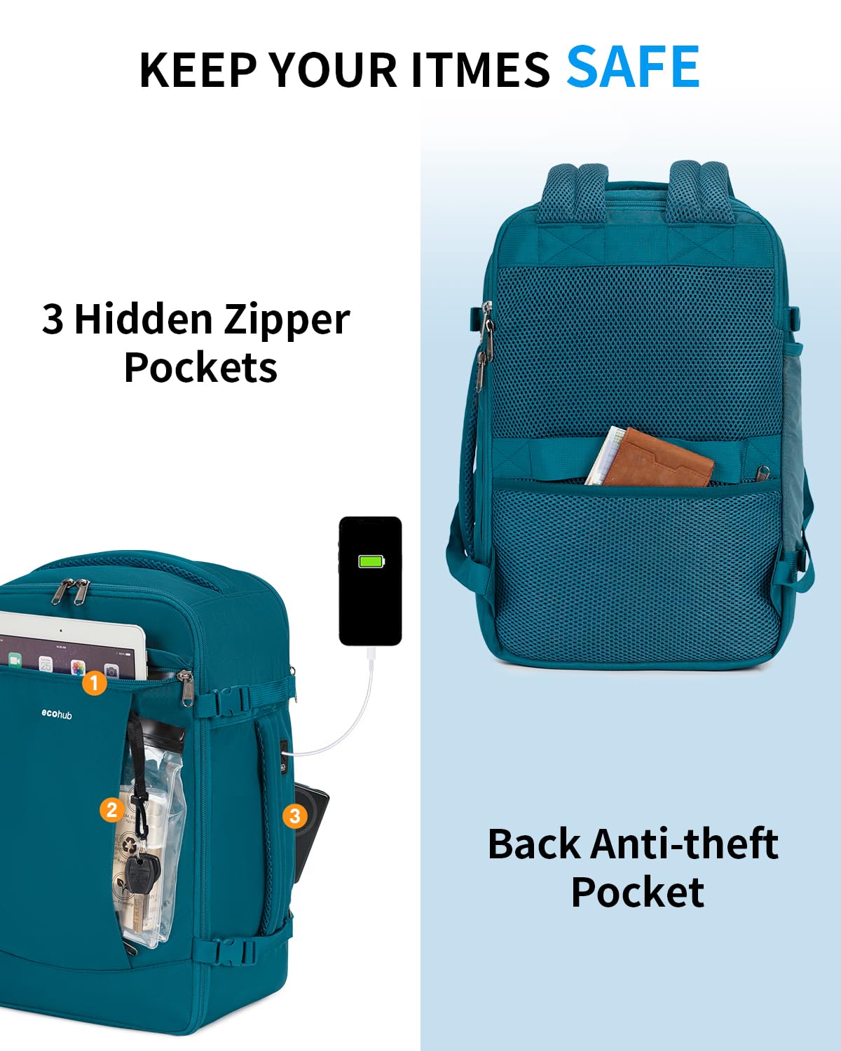 ECOHUB Travel Backpack for Men Women, Carry on Backpack with USB Charging Hole, Spirit Airlines Personal Item Bag Flight Approved, 15.6 Inch Laptop Backpack with Anti Theft Pockets, 30L, Blue Green