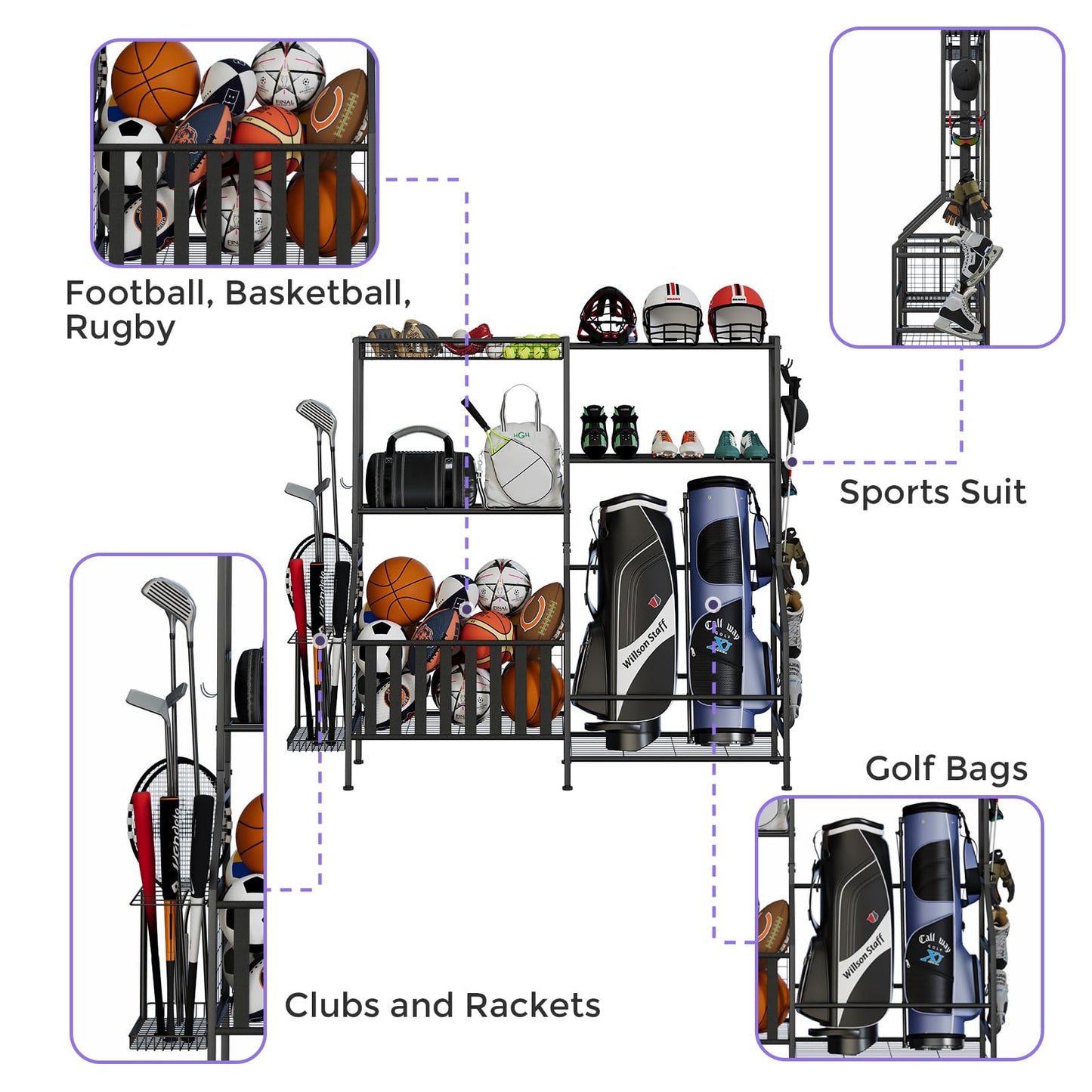 JIRTEMOT Sports Equipment Organizer, Heavy Duty Golf Bags Stand, Extra Large Ball Storage Rack for Garage, Sports Gear Storage with Basket and Hooks, Black