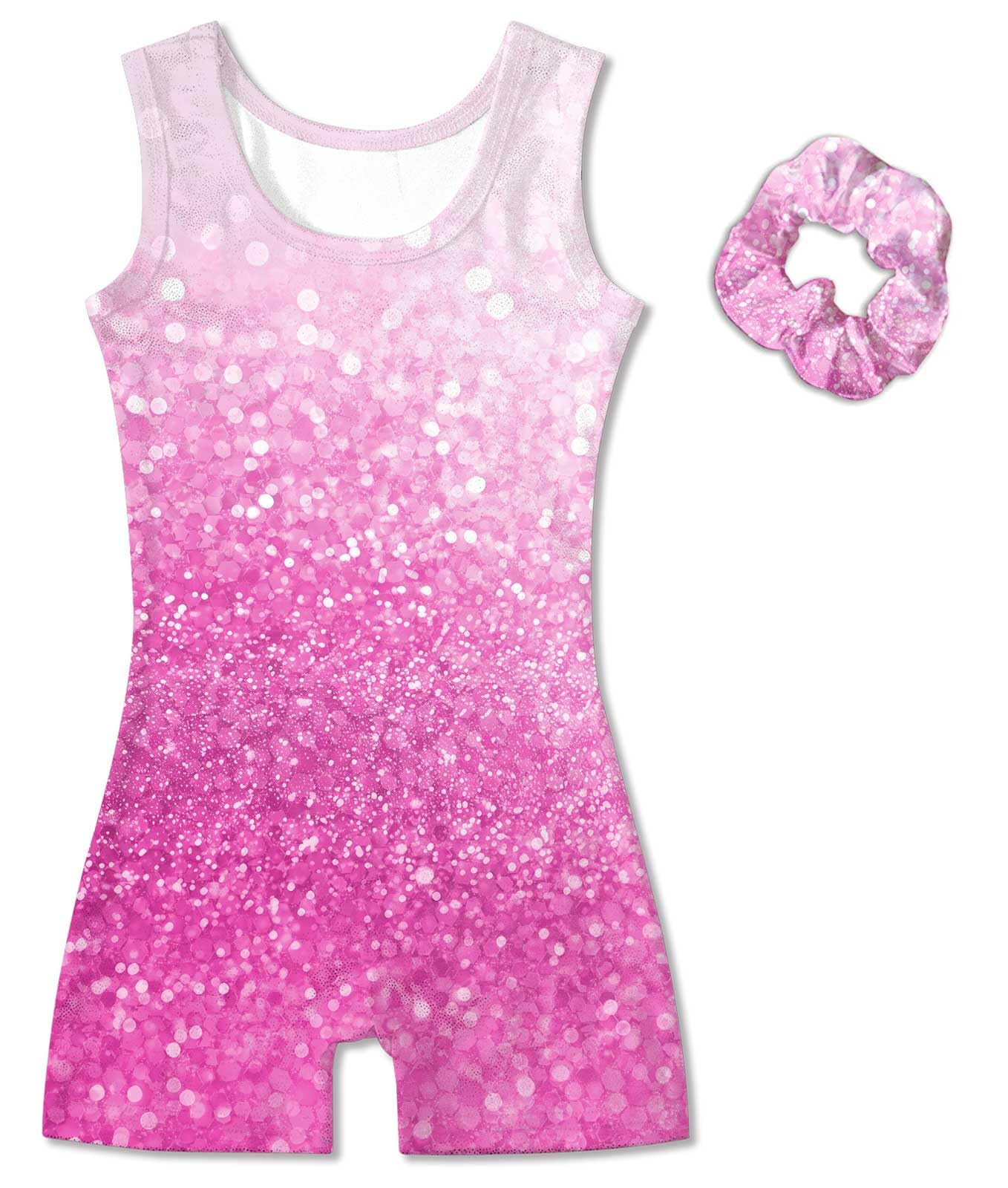 Vogseek 4 5 Years Girls Gymnastics Leotards with Hair Scrunchie Pink Sparkle Dots Active Biketards with Cover Shorts Girl's Cute Classic Ballet Unitards Sets,Pink Shiny