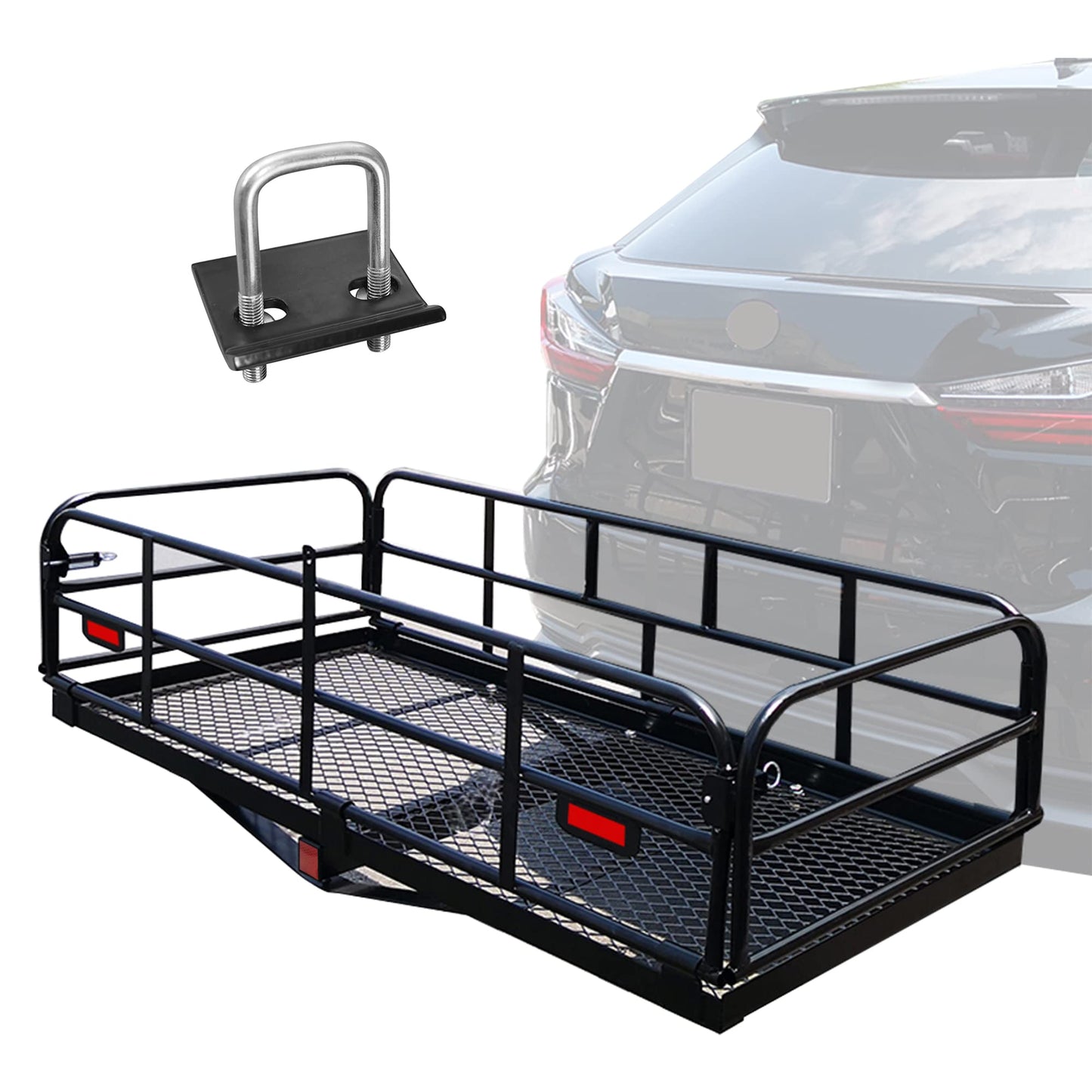 OKLEAD Hitch Mount Cargo Carrier 60" x 24" x 14.4" Folding Cargo Rack Rear Hitch Tray Luggage Basket with 400 LB Capacity Fits 2" Receiver for Car SUV Pickup