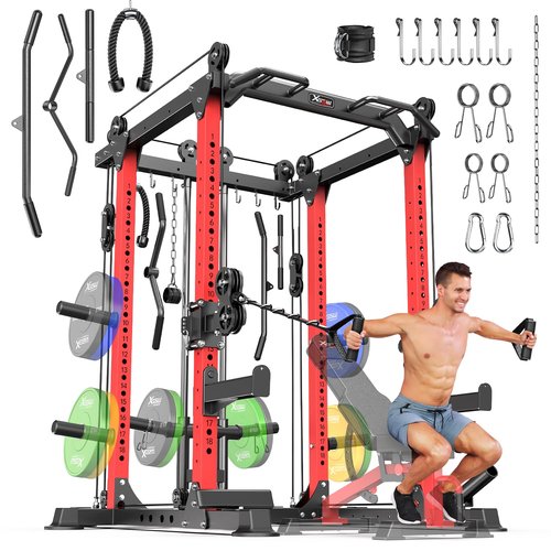 XGSW XINGESIWR Power Cages Multi-Purpose Squat Rack with Cable Crossover System, Matching Weight Bench, Olympic Barbell Weight Set for Garage and Home Gyms (Red, L02-Power Cage Only)