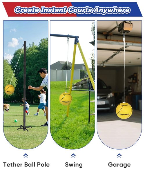Garbuildman 8" Regulation Sized Tetherball, Rubber Tether Balls and Rope Set for Outdoor Backyard Game, Portable Replacement Tether Ball with Carabiner, Ball Pump for Kids Adults & Dogs