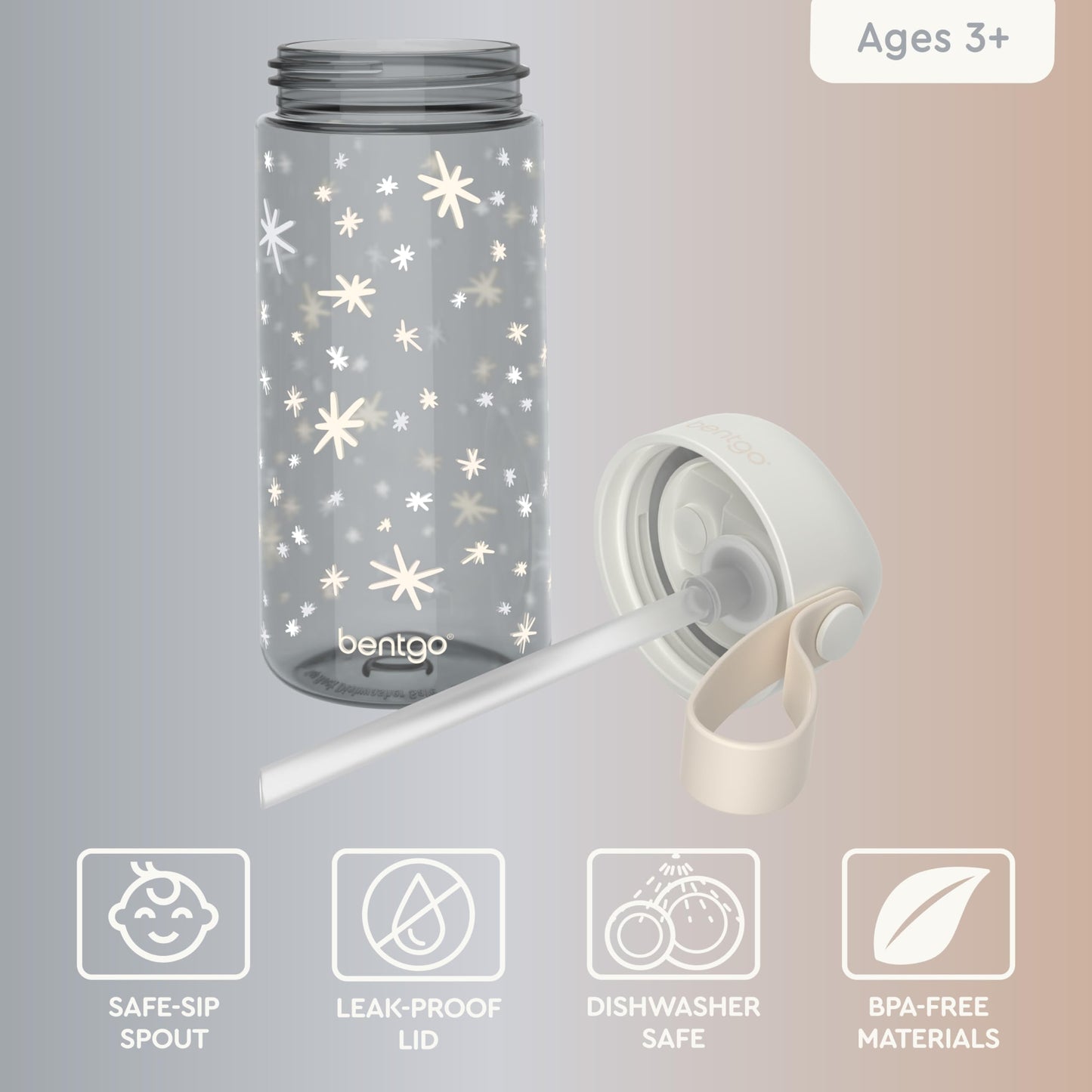 Bentgo Kids Water Bottle (Whimsy & Wonder Collection) - Leak-Proof Durable Tritan 15 oz. Cup for Kids/Toddlers 3+; Flip-Up Safe-Sip Straw for School, Sports, Daycare, Camp & More (Starry Sprinkle)