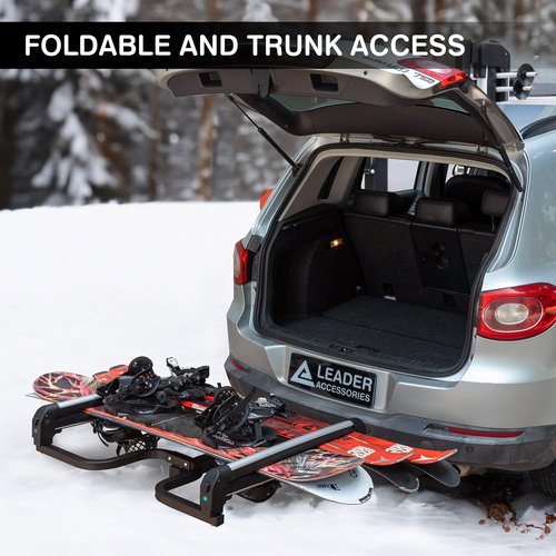 Leader Accessories Folding Hitch Mounted Ski & Snowboard Rack, Adjustable Snowboard Roof Racks Hold 4 Snowboard or 6 Skis with Anti-Theft Lock, Fits 2" Receiver and Most Cross Bars