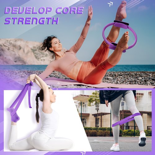 Poen 18 Pcs Pilates Ring Circle Set for Women Yoga Sets with Pilates Ring Circle Ball 5 Resistance Band Stretching Strap Non Slip Socks Ball Core Sliders Wristbands Headband Gym Bag(Purple)