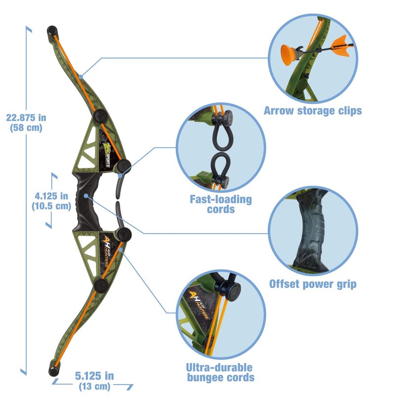 Zing Air Hunterz Z-Curve Bow Pack, 1 Green Bow, 4 Orange Zonic Whistle and 2 Orange Suction Cup Arrows and 1 Bungee, Shoots Up to 200 Feet