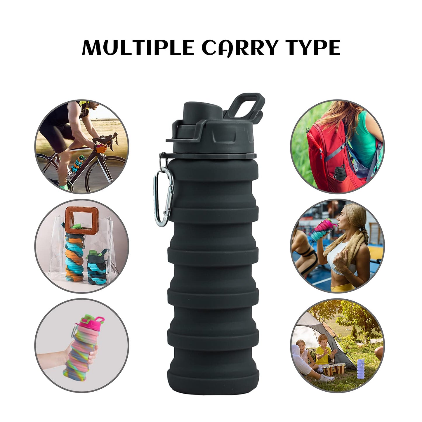 Collapsible Silicone Foldable Water Cup - 16oz BPA Free Reusable Water Bottle - Hiking Travel Sports Kids - Gray