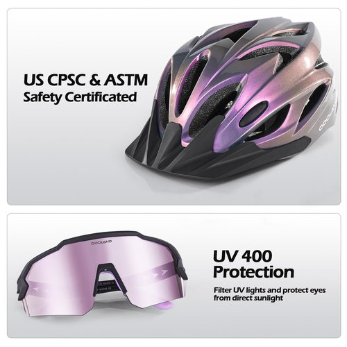 Odoland Bike Helmet with Cycling Sunglasses, Adjustable Size Adult Cycling Helmets for Men Women Road Bike Mountain Ebike, Lilac