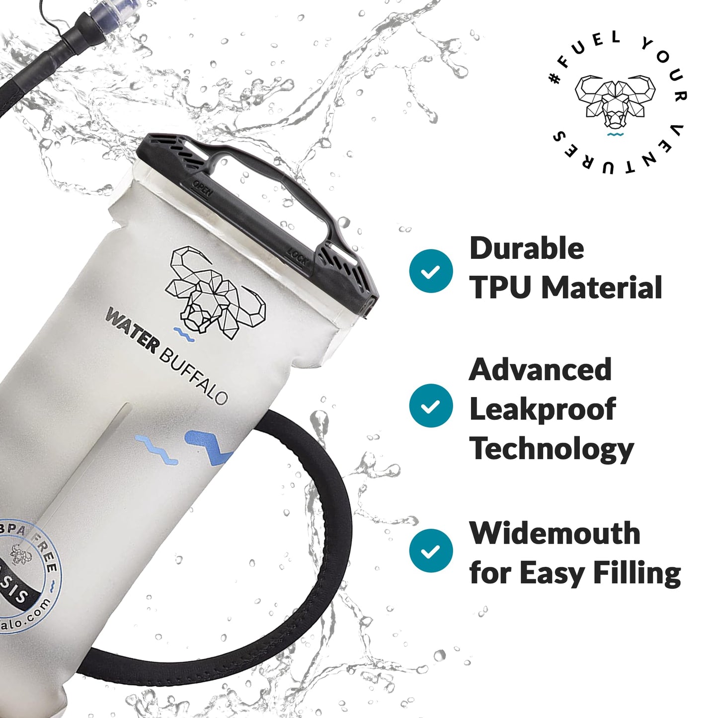 Water Buffalo Oasis Hydration Bladder – 2L and 3L Water Bladder for Hiking Backpack, Leakproof Design with Insulated Hose and High-Flow Bite Valve